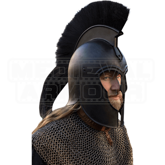 Casque médiéval noir Troy Greek Armor Trojan 18 G avec panache long noir 