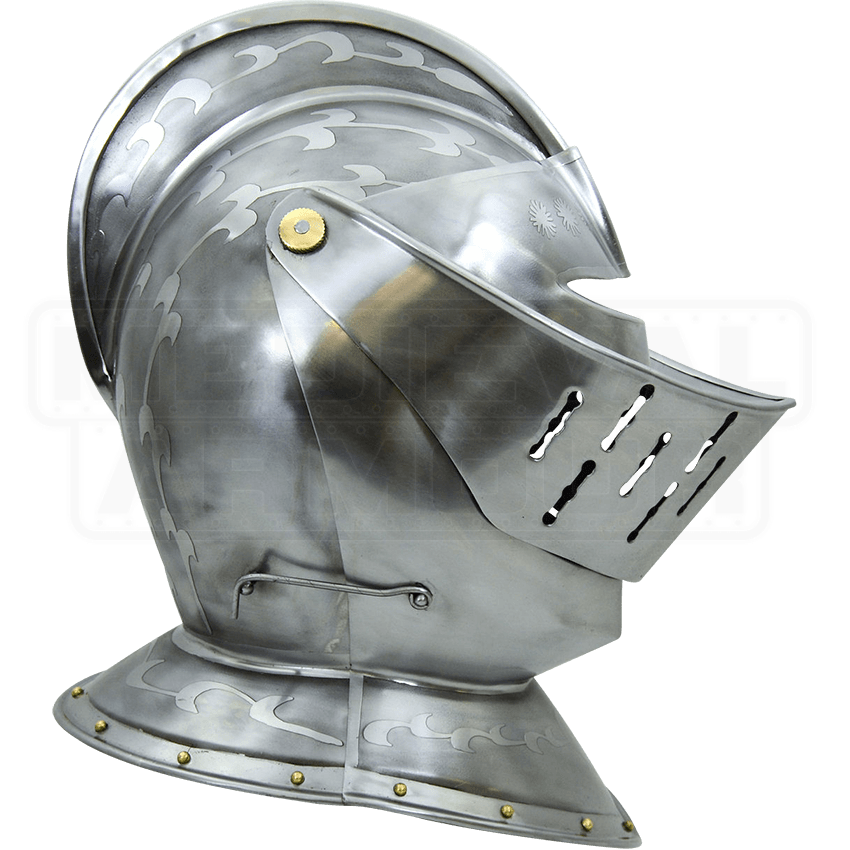Engraved European Closed Helmet AH3814E by Medieval Armour, Leather