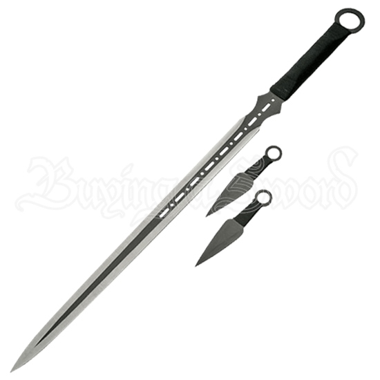 28" NINJA BLADE SWORD w/ DUAL THROWING KNIVES SET Medieval Fantasy Kunai Cosplay 