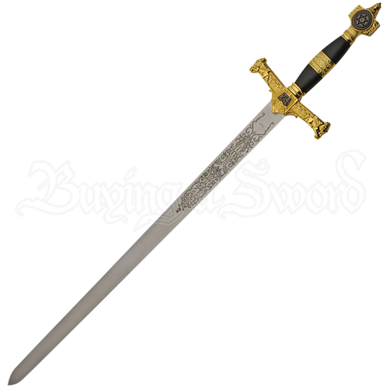 Intricate Laser Etched Medieval Sword Of King Solomon Black with Gold Detailing 