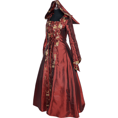 Hooded Renaissance Sorceress Gown - Burgundy
