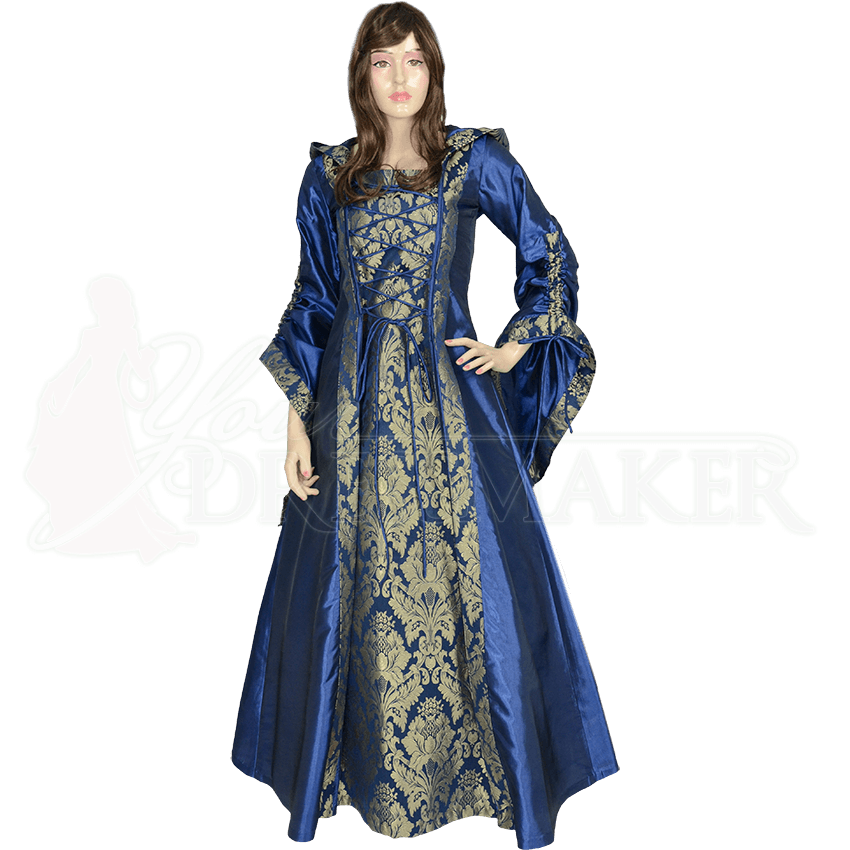 Alluring Damsel Dress With Hood - Blue With Gold - Mci-619 By Medieval 